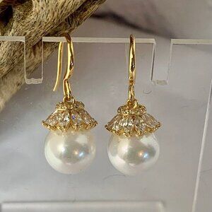 Gold-Plated Marquise Crystal Topped Drop Pearl French Hook Earrings